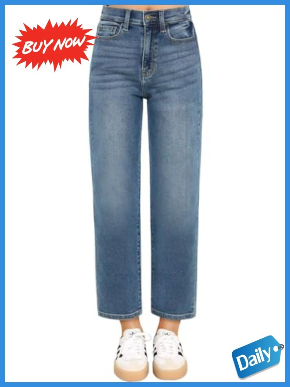 Women's Cropped Straight Leg High Waisted Jeans 7/8 Length Crop Hem Denim Pants